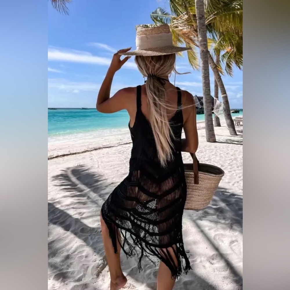 Fringe Scoop Neck Cover-Up in Black - Picture 2 of 8